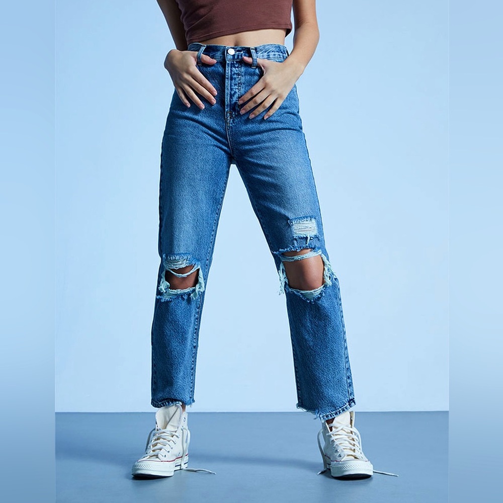 PacSun Medium Blue Distressed High Waisted Straight Leg Jeans